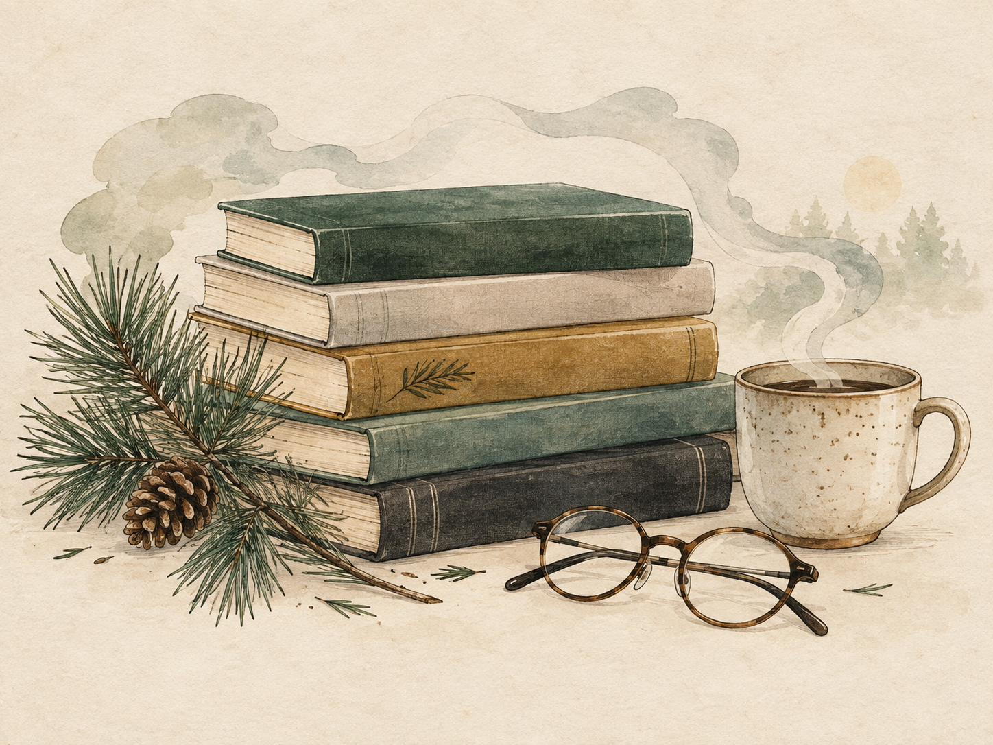 An editorial Pine Press reading room with books and warm lamplight