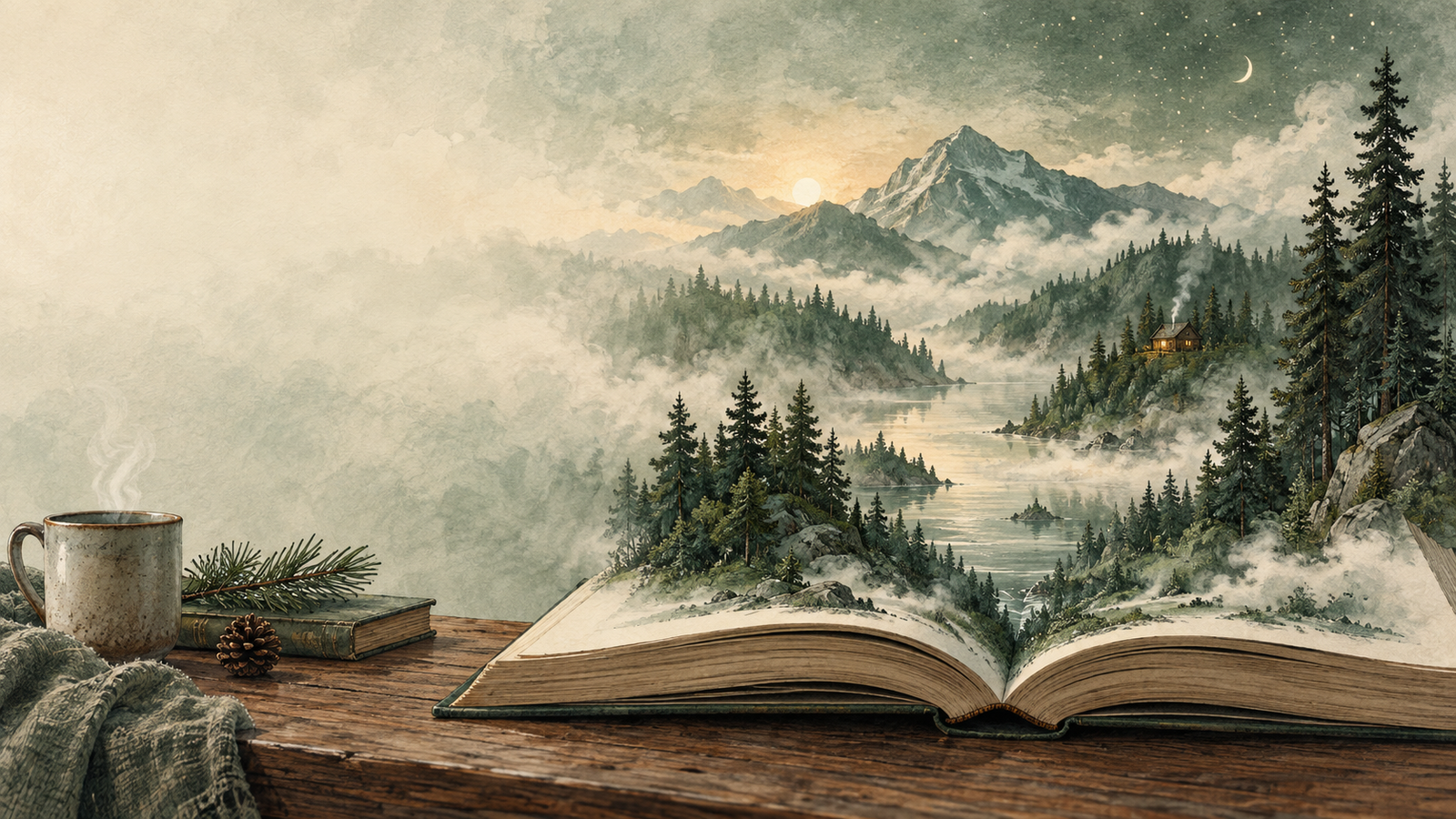 An open book unfolding into a misty pine landscape