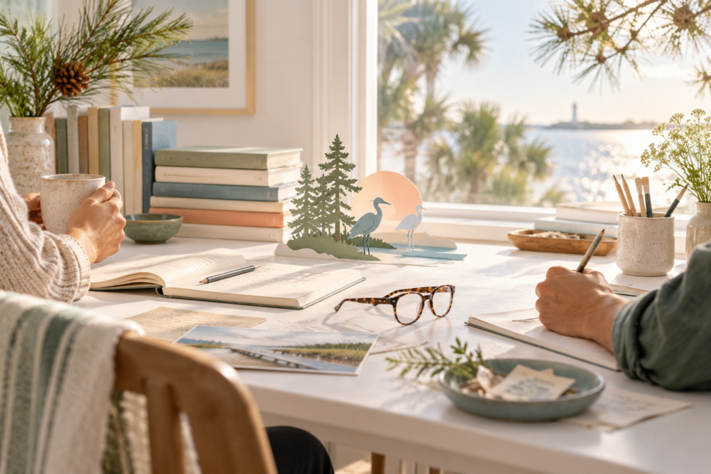 A writing desk with books, glasses, and postcards in a quiet editorial setting