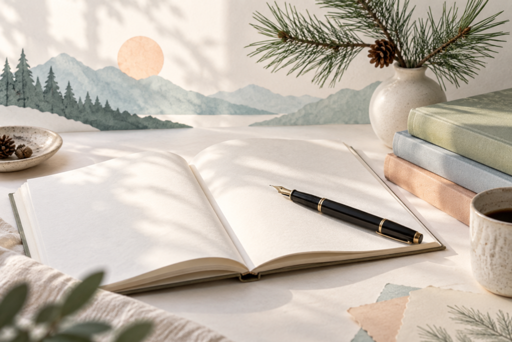 A journal, fountain pen, and stacked books in a quiet reading landscape