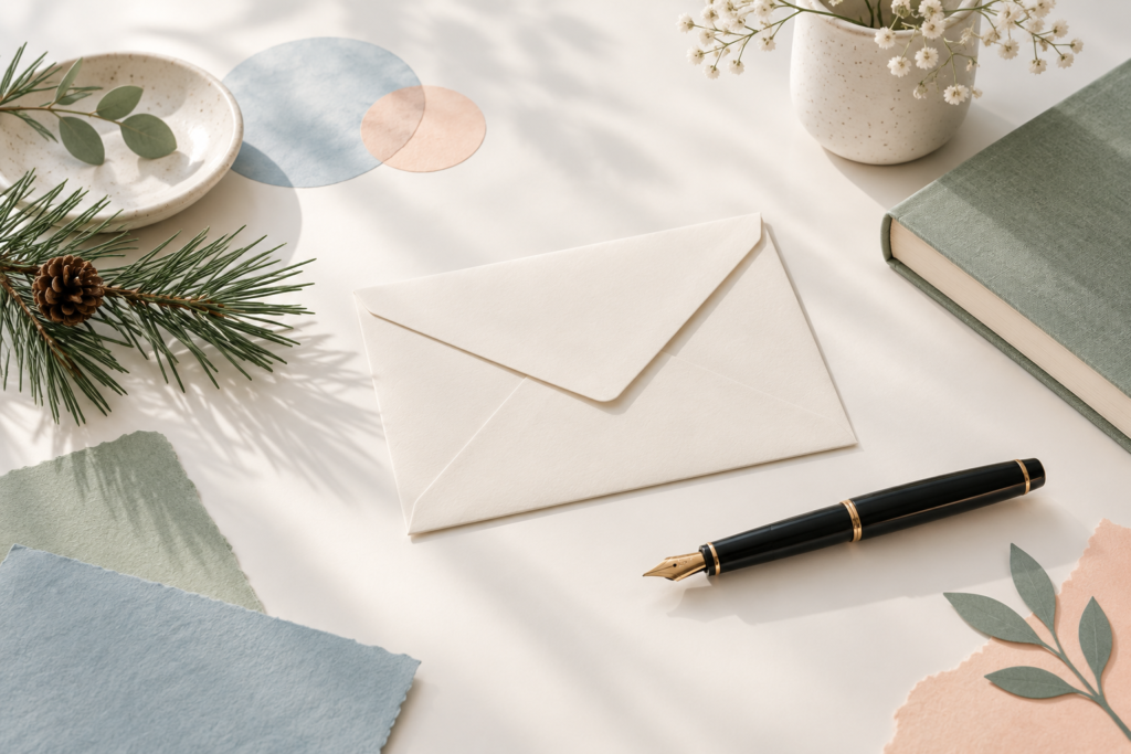 A handwritten envelope and fountain pen on a paper-craft desk